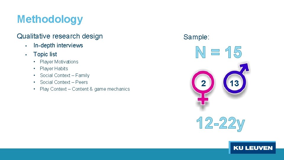 Methodology Qualitative research design • • In-depth interviews Topic list • • • Player