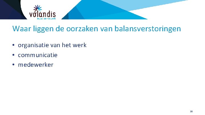 Waar liggen de oorzaken van balansverstoringen • organisatie van het werk • communicatie •