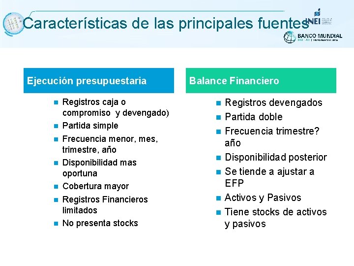 Características de las principales fuentes Ejecución presupuestaria Registros caja o compromiso y devengado) Partida Características de las principales fuentes Ejecución presupuestaria Registros caja o compromiso y devengado) Partida
