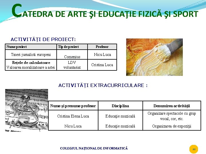 CATEDRA DE ARTE ŞI EDUCAŢIE FIZICĂ ŞI SPORT ACTIVITĂŢI DE PROIECT: Nume proiect Tip