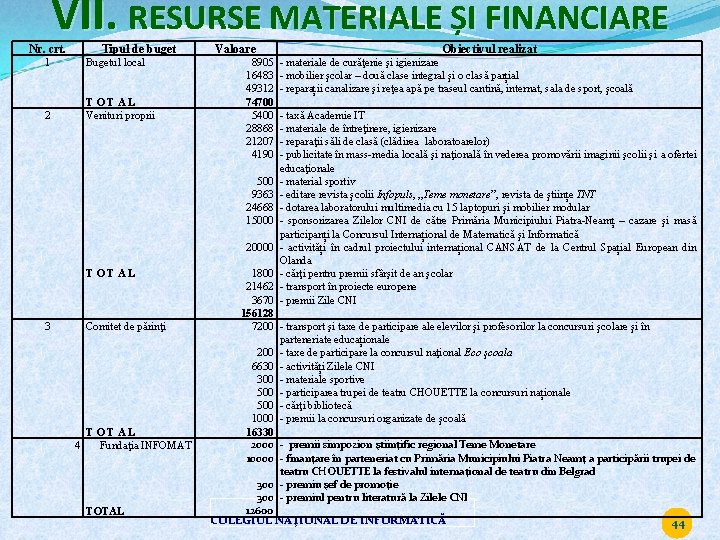 VII. RESURSE MATERIALE ȘI FINANCIARE Nr. crt. Tipul de buget 1 Bugetul local 2