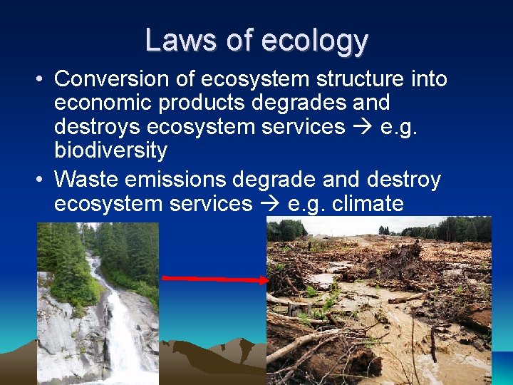 Laws of ecology • Conversion of ecosystem structure into economic products degrades and destroys
