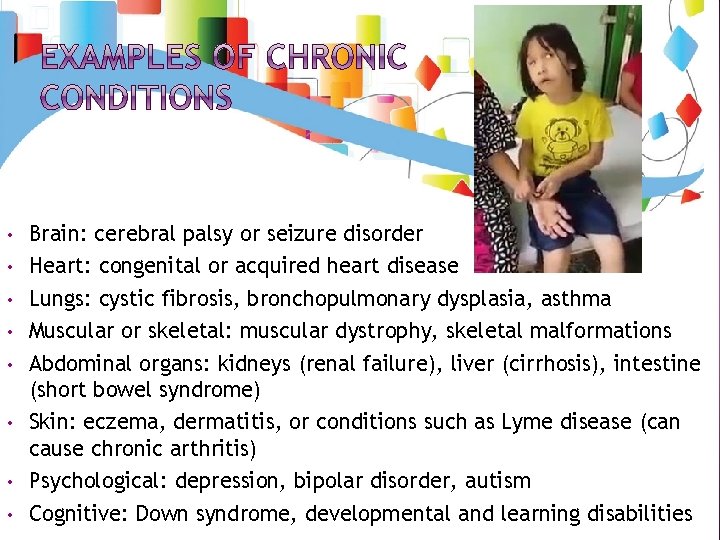  • • Brain: cerebral palsy or seizure disorder Heart: congenital or acquired heart