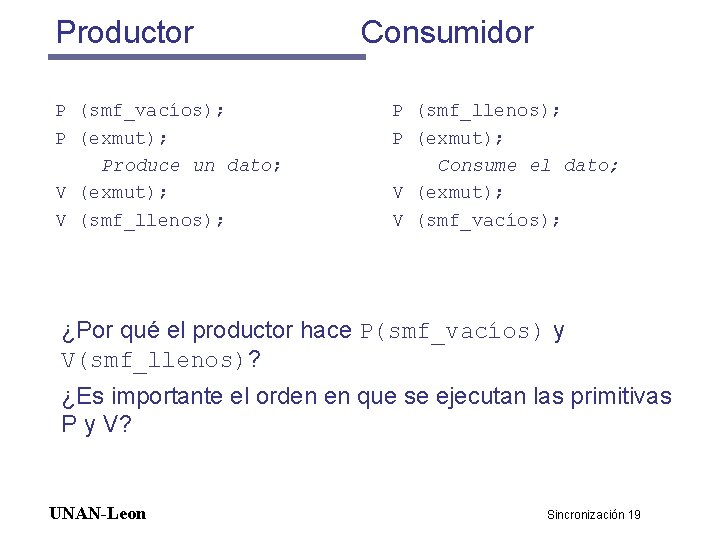 Productor P (smf_vacíos); P (exmut); Produce un dato; V (exmut); V (smf_llenos); Consumidor P