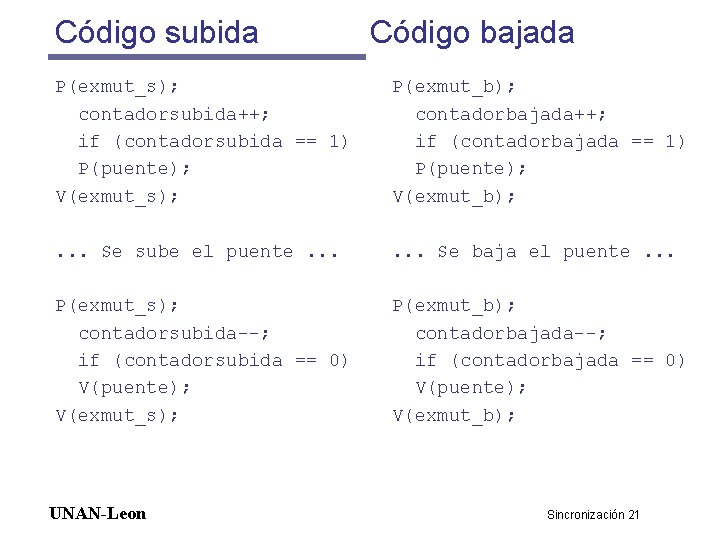 Código subida Código bajada P(exmut_s); contadorsubida++; if (contadorsubida == 1) P(puente); V(exmut_s); P(exmut_b); contadorbajada++;