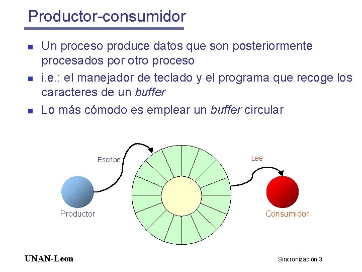 Productor-consumidor n n n Un proceso produce datos que son posteriormente procesados por otro
