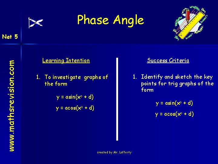 Phase Angle www. mathsrevision. com Nat 5 Learning Intention Success Criteria 1. To investigate