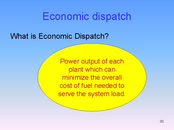 Economic dispatch What is Economic Dispatch? Power output of each plant which can minimize