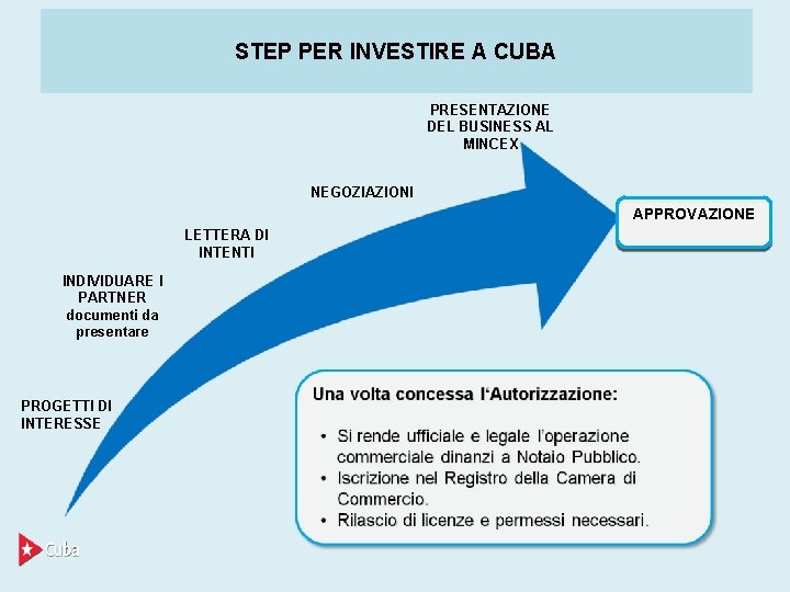 STEP PER INVESTIRE A CUBA PRESENTAZIONE DEL BUSINESS AL MINCEX NEGOZIAZIONI APPROVAZIONE LETTERA DI