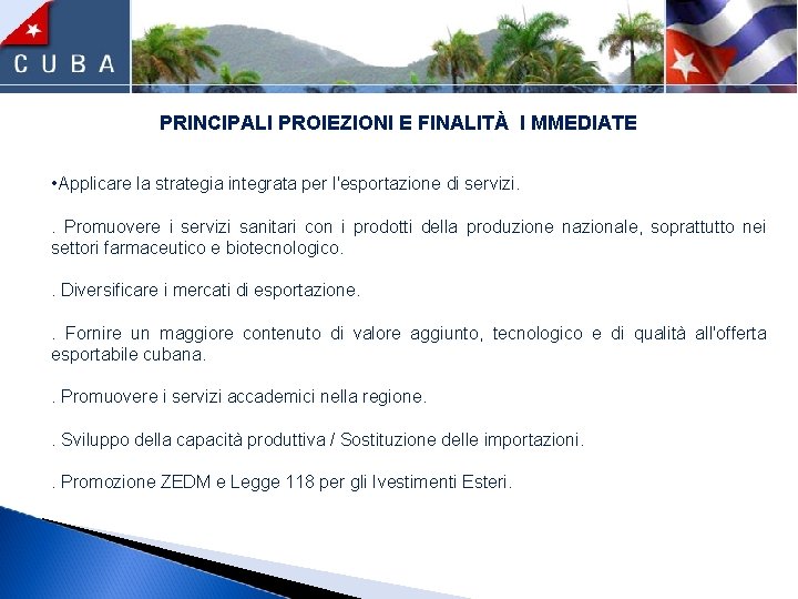 PRINCIPALI PROIEZIONI E FINALITÀ I MMEDIATE • Applicare la strategia integrata per l'esportazione di