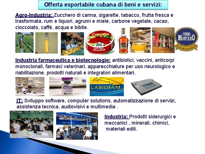 Offerta esportabile cubana di beni e servizi: Agro-Industria: Zucchero di canna, sigarette, tabacco, frutta