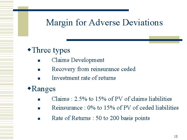 Margin for Adverse Deviations w. Three types n n n Claims Development Recovery from