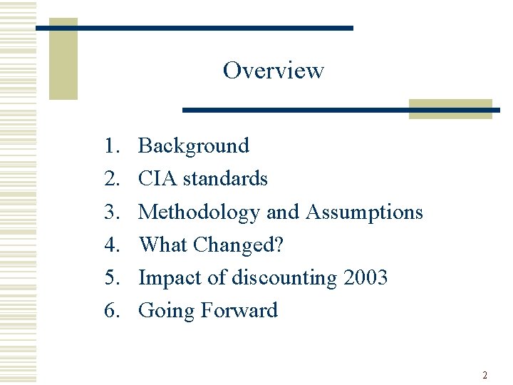 Overview 1. 2. 3. 4. 5. 6. Background CIA standards Methodology and Assumptions What