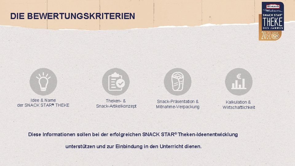 DIE BEWERTUNGSKRITERIEN Idee & Name der SNACK STAR® THEKE Theken- & Snack-Artikelkonzept Snack-Präsentation &