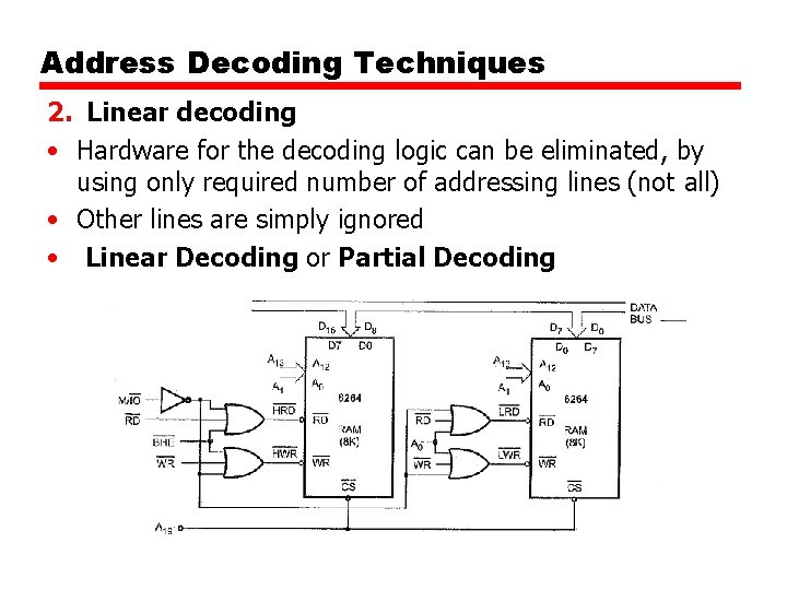 Address Decoding Techniques 2. Linear decoding • Hardware for the decoding logic can be