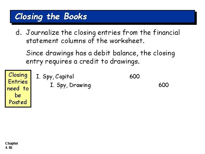 Closing the Books d. Journalize the closing entries from the financial statement columns of