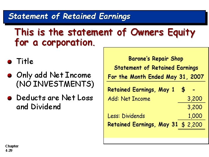 Statement of Retained Earnings This is the statement of Owners Equity for a corporation.
