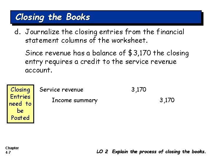Closing the Books d. Journalize the closing entries from the financial statement columns of
