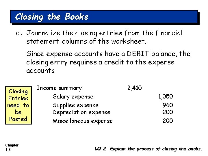 Closing the Books d. Journalize the closing entries from the financial statement columns of