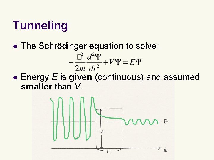Tunneling l The Schrödinger equation to solve: l Energy E is given (continuous) and