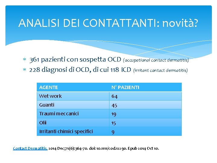 ANALISI DEI CONTATTANTI: novità? 361 pazienti con sospetta OCD (occupational contact dermatitis) 228 diagnosi