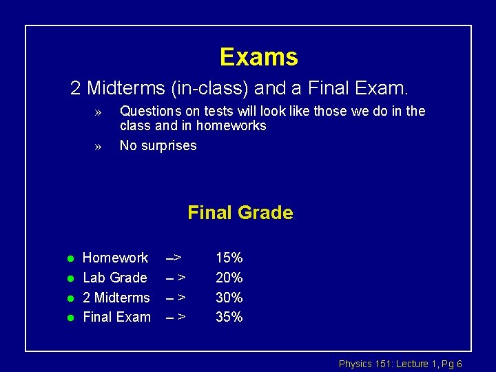 Exams 2 Midterms (in-class) and a Final Exam. » » Questions on tests will