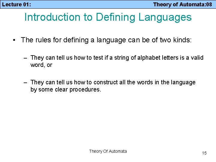 Lecture 01: Theory of Automata: 08 Introduction to Defining Languages • The rules for