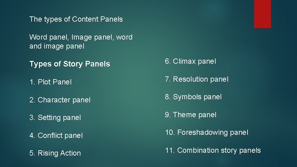 The types of Content Panels Word panel, Image panel, word and image panel Types