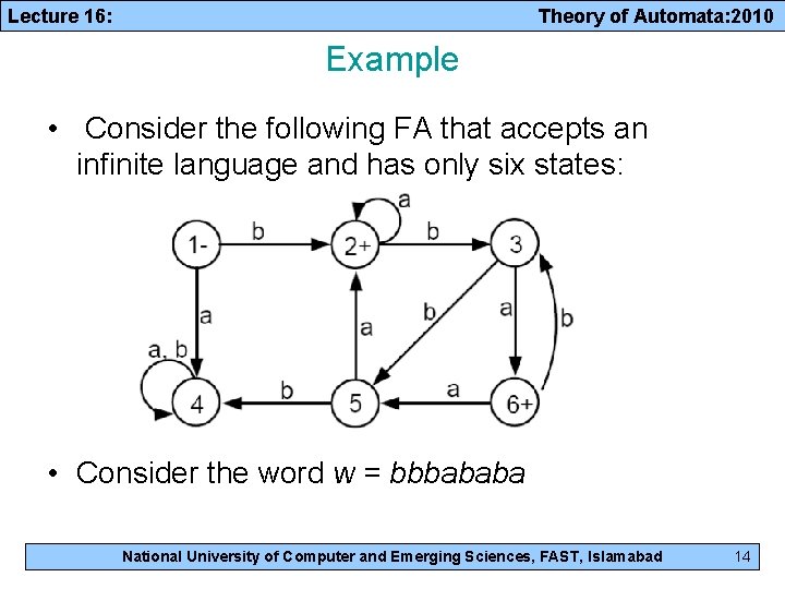 Lecture 16: Theory of Automata: 2010 Example • Consider the following FA that accepts