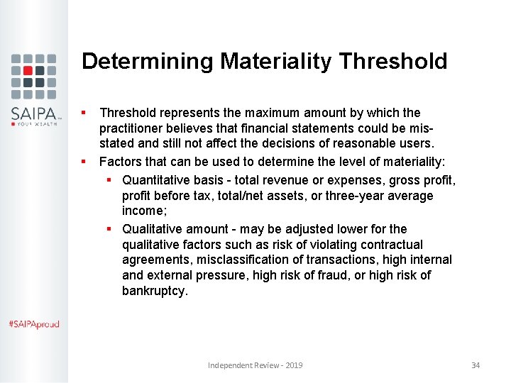 Determining Materiality Threshold § § Threshold represents the maximum amount by which the practitioner Determining Materiality Threshold § § Threshold represents the maximum amount by which the practitioner