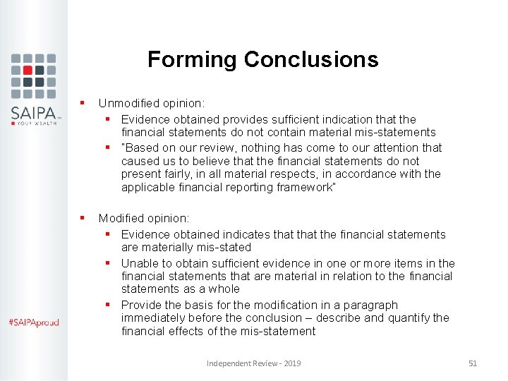 Forming Conclusions § Unmodified opinion: § Evidence obtained provides sufficient indication that the financial Forming Conclusions § Unmodified opinion: § Evidence obtained provides sufficient indication that the financial