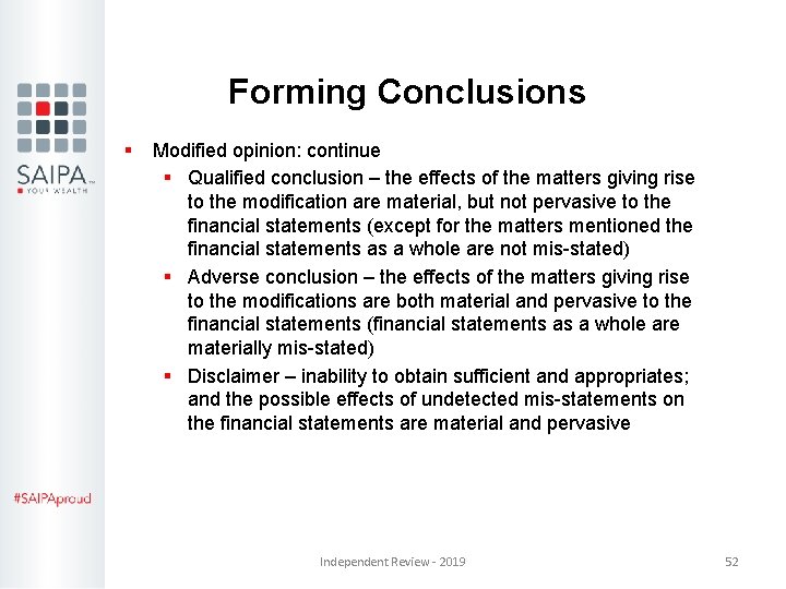 Forming Conclusions § Modified opinion: continue § Qualified conclusion – the effects of the Forming Conclusions § Modified opinion: continue § Qualified conclusion – the effects of the