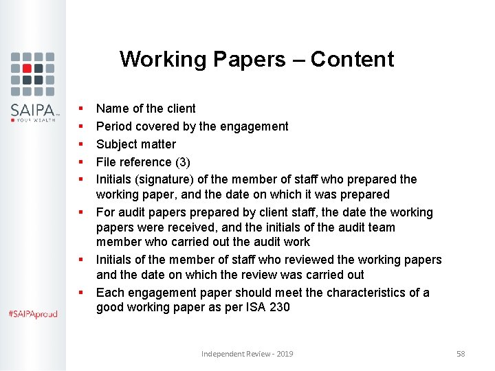 Working Papers – Content § § § § Name of the client Period covered Working Papers – Content § § § § Name of the client Period covered