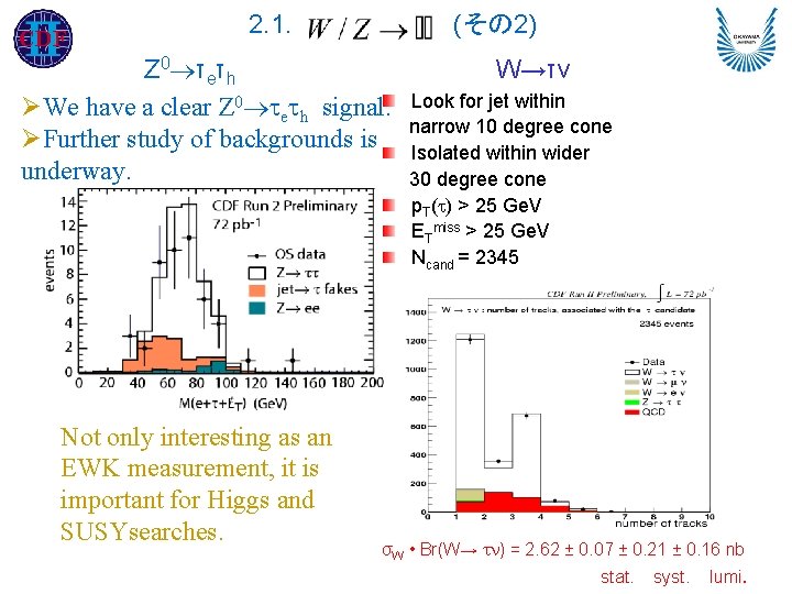 2. 1. (その 2) Z 0 τeτh ØWe have a clear Z 0 e