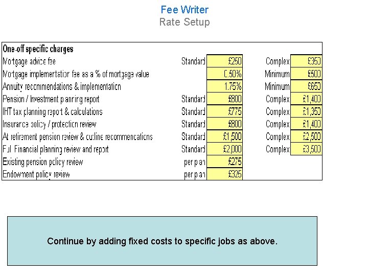 Fee Writer Rate Setup Continue by adding fixed costs to specific jobs as above.