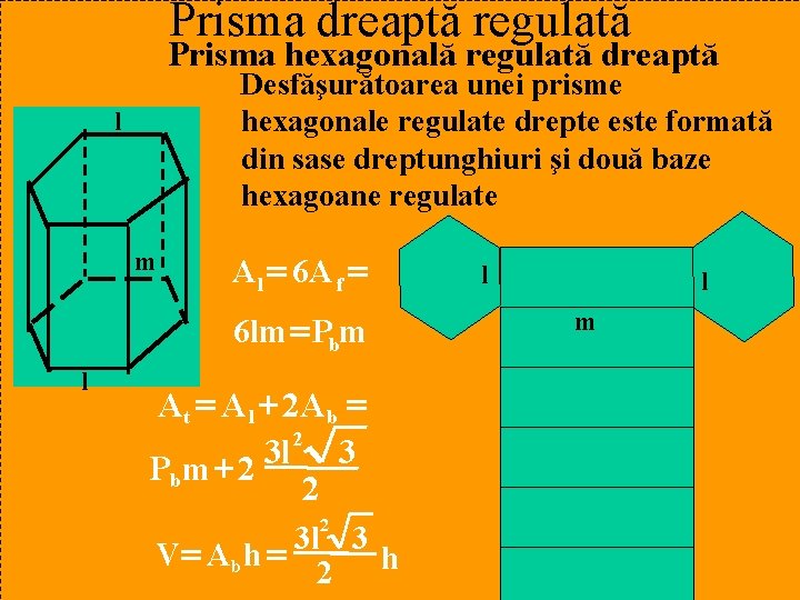 Prisma dreaptă regulată Prisma hexagonală regulată dreaptă Desfăşurătoarea unei prisme hexagonale regulate drepte este