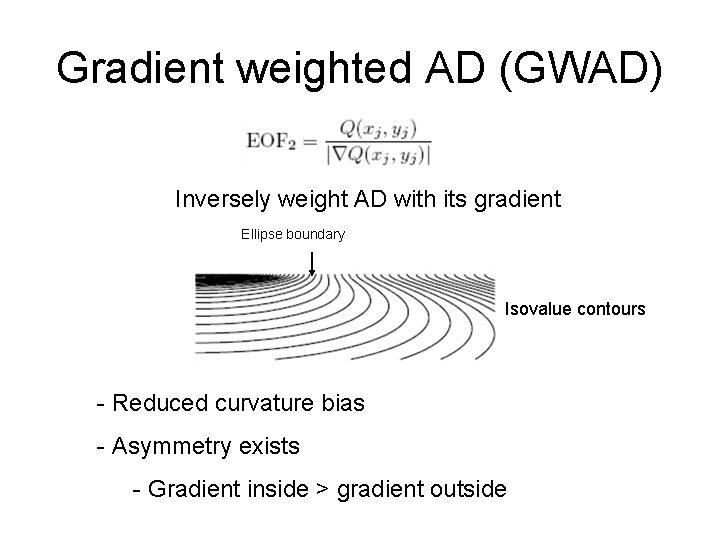 Gradient weighted AD (GWAD) Inversely weight AD with its gradient Ellipse boundary Isovalue contours