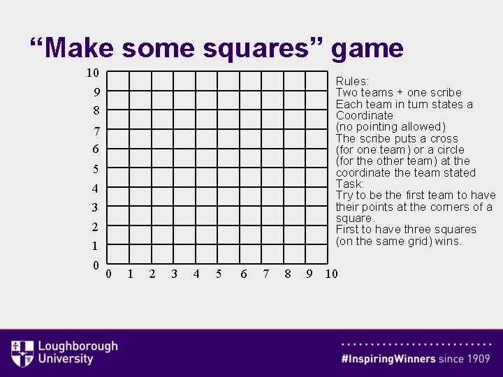 “Make some squares” game 10 Rules: Two teams + one scribe Each team in