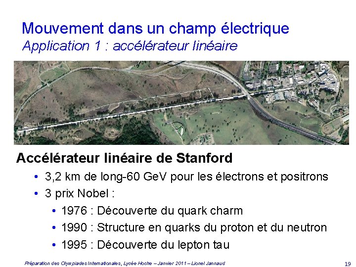 Mouvement dans un champ électrique Application 1 : accélérateur linéaire Accélérateur linéaire de Stanford