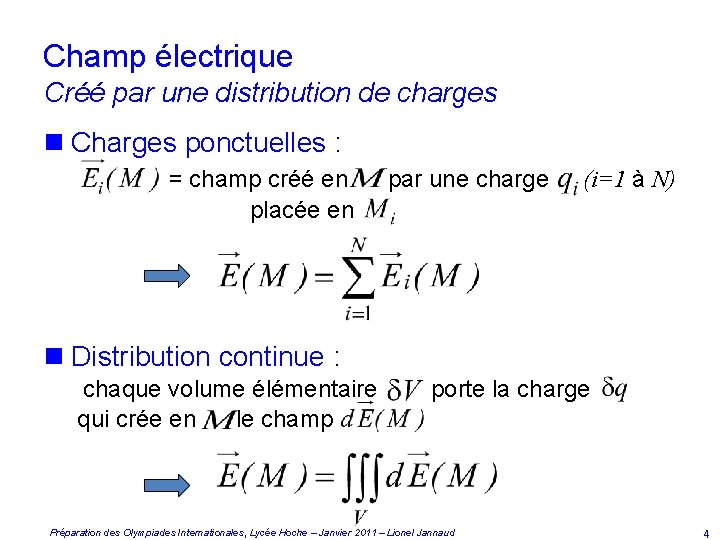 Champ électrique Créé par une distribution de charges n Charges ponctuelles : = champ