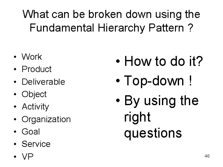 What can be broken down using the Fundamental Hierarchy Pattern ? • • •