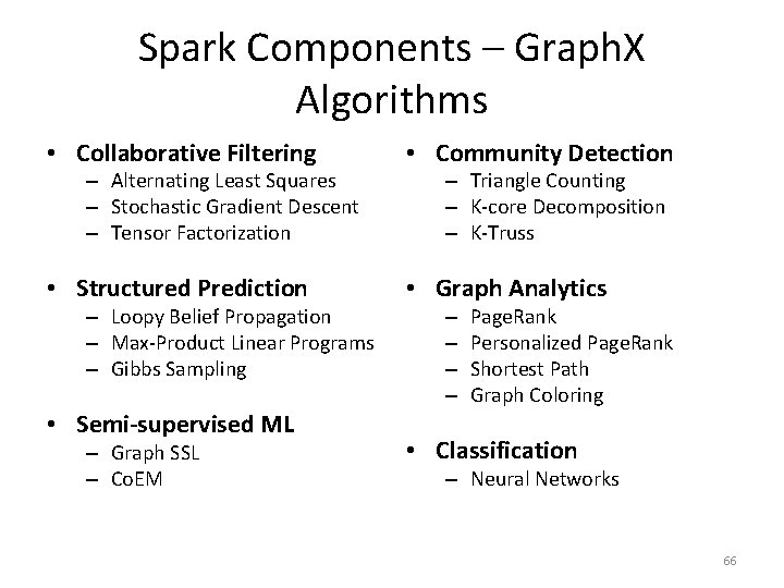 Spark Components – Graph. X Algorithms • Collaborative Filtering • Community Detection • Structured