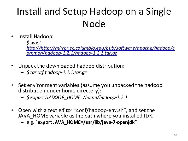 Install and Setup Hadoop on a Single Node • Install Hadoop: – $ wget