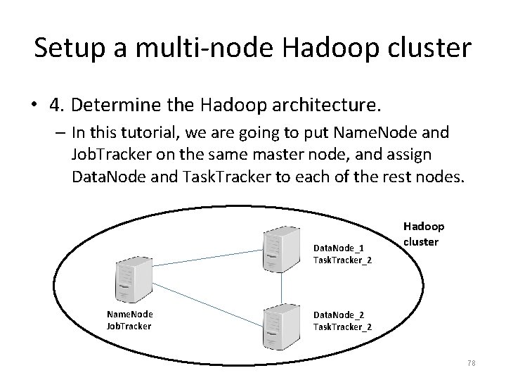 Setup a multi-node Hadoop cluster • 4. Determine the Hadoop architecture. – In this