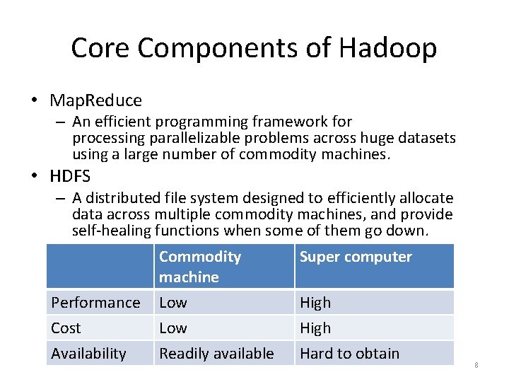 Core Components of Hadoop • Map. Reduce – An efficient programming framework for processing