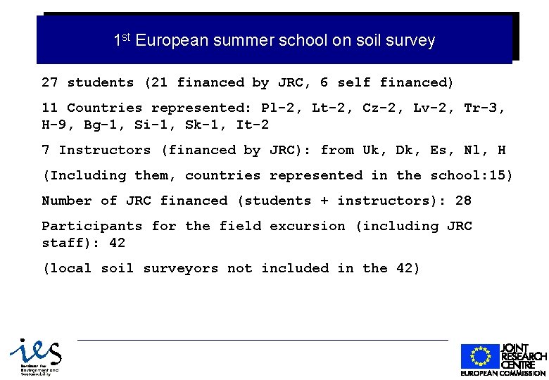 1 st European summer school on soil survey 27 students (21 financed by JRC,