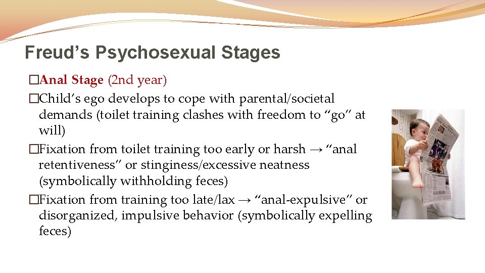 Freud’s Psychosexual Stages �Anal Stage (2 nd year) �Child’s ego develops to cope with