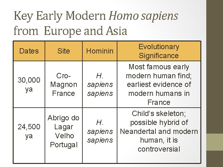 Key Early Modern Homo sapiens from Europe and Asia Dates 30, 000 ya 24,
