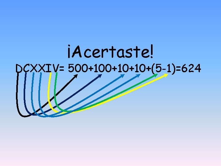 ¡Acertaste! DCXXIV= 500+10+10+(5 -1)=624 