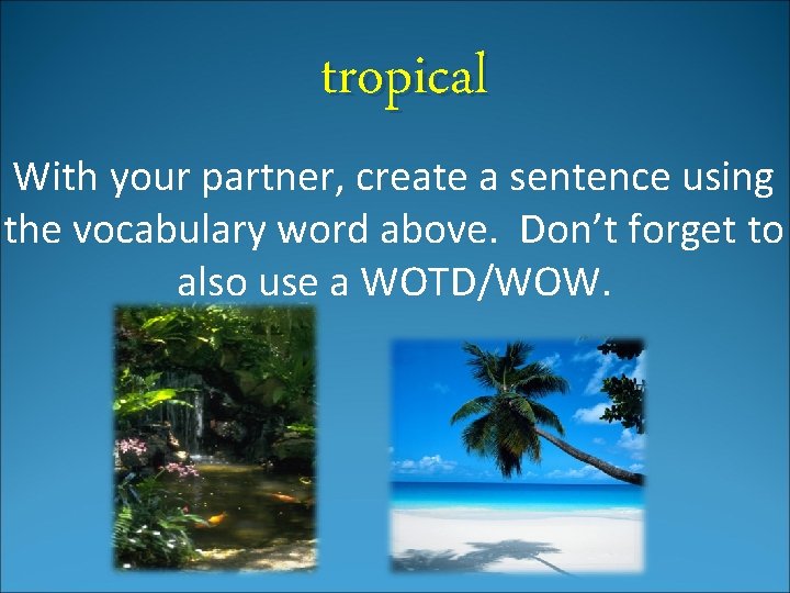 tropical With your partner, create a sentence using the vocabulary word above. Don’t forget